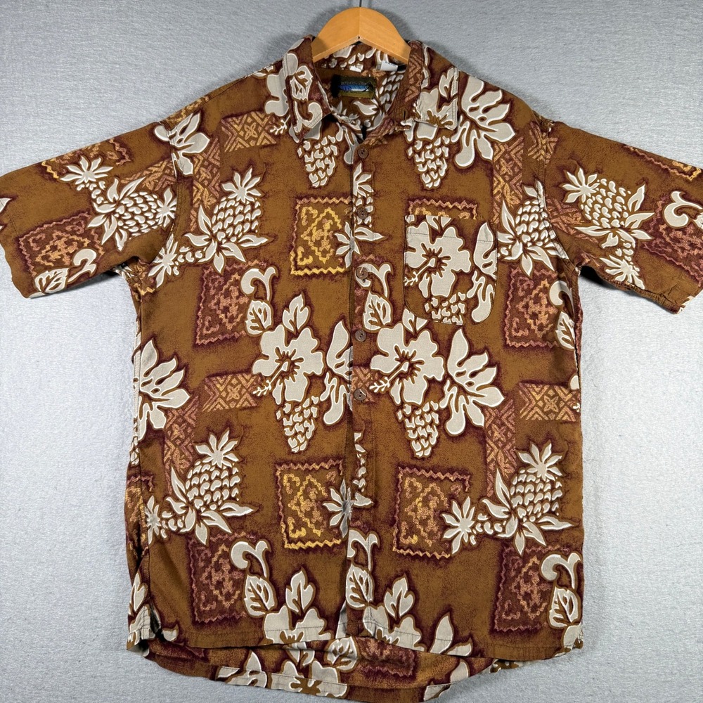 Dreamland Bali Mens Brown Pineapple Hibiscus Rayon Aloha‎ Shirt Short Sleeve L